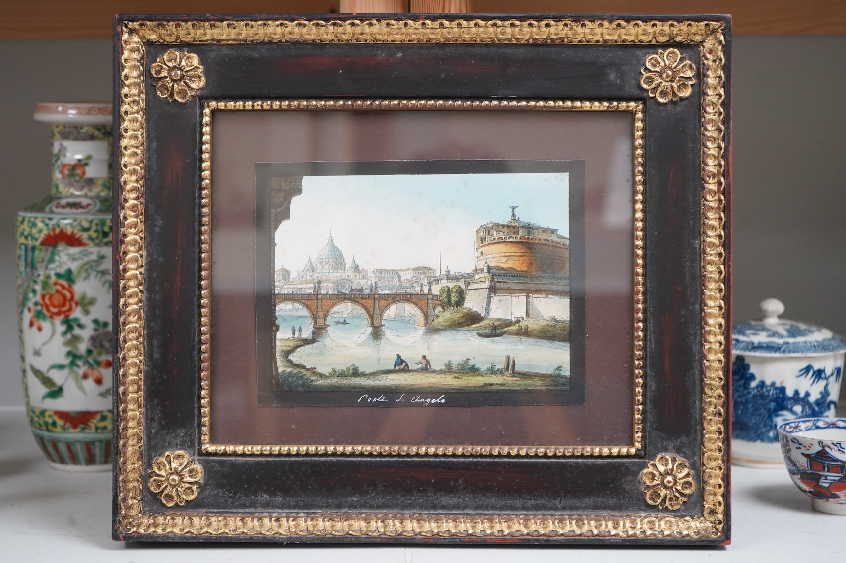 A set of five 18th / 19th century hand coloured engravings, Views of Rome, to include ‘Ponte S. Angelo’ and ‘Coloseo’, 15 x 18.5cm, each housed in ebonised gilt frames